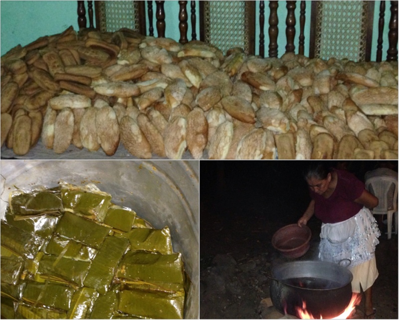 A collage of tamales, pan y café