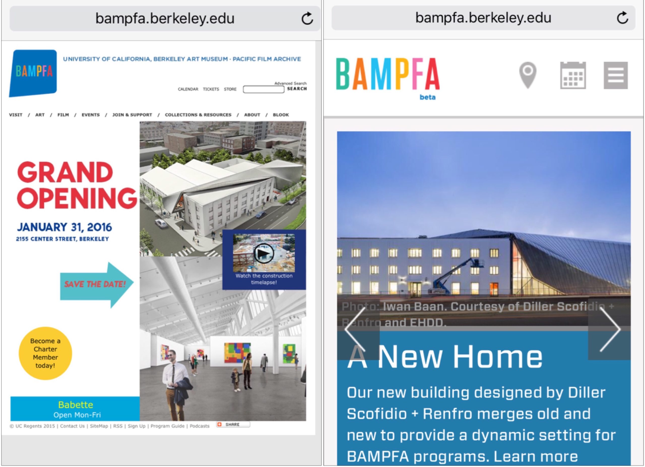 Screenshot of BAMPFA Website from two eras