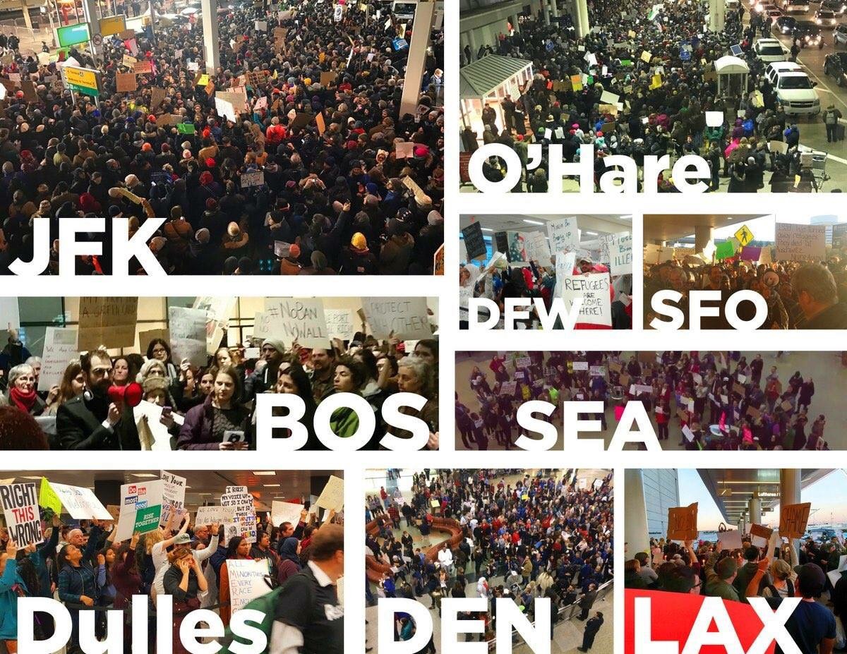 Collage of different protests across the United States against muslim hate